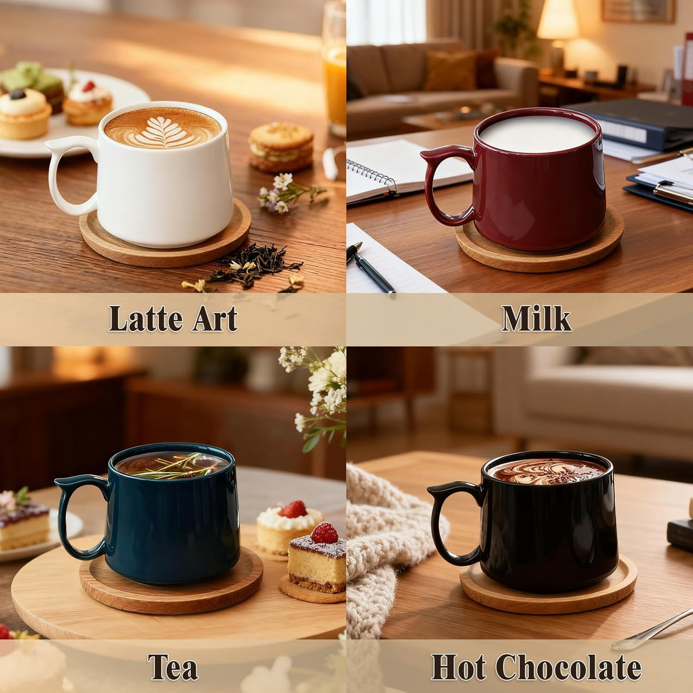 Coffee Mugs Gift Set of 4, Large 19 oz Stackable Ceramic Coffee Mug, Coffee Cups with Large Handle for Latte, Cappuccino, Milk, Tea, Dishwasher & Microwave Safe, Ideal for Men, Women - Black