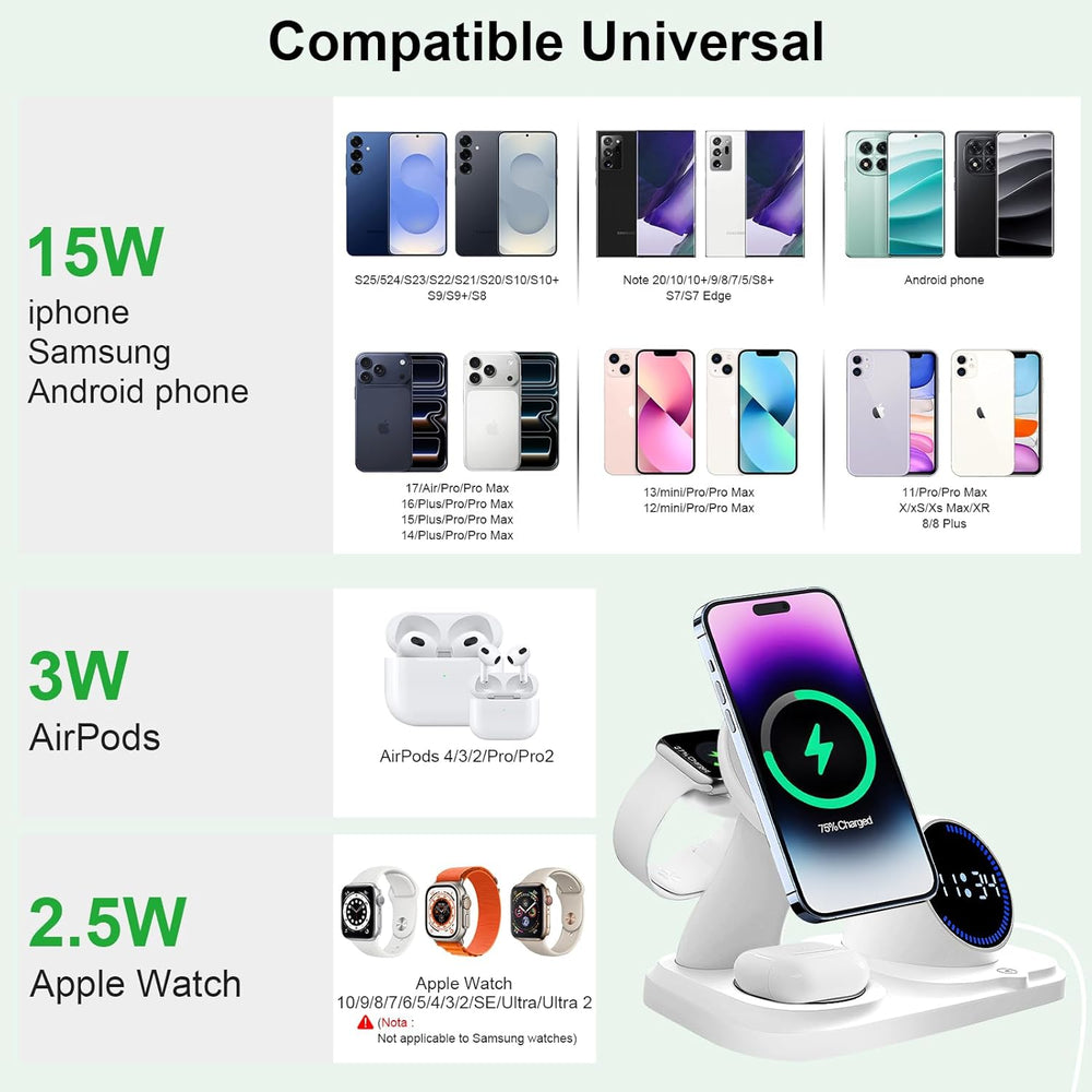 6-in-1 Wireless Charging Station with Bluetooth Speaker,Digital Clock and Ambient Lights,Fast Wireless Charger for for Multiple Devices for Apple - iPhone 17 16 15 14 13 12 Pro Max Apple Watch Airpods