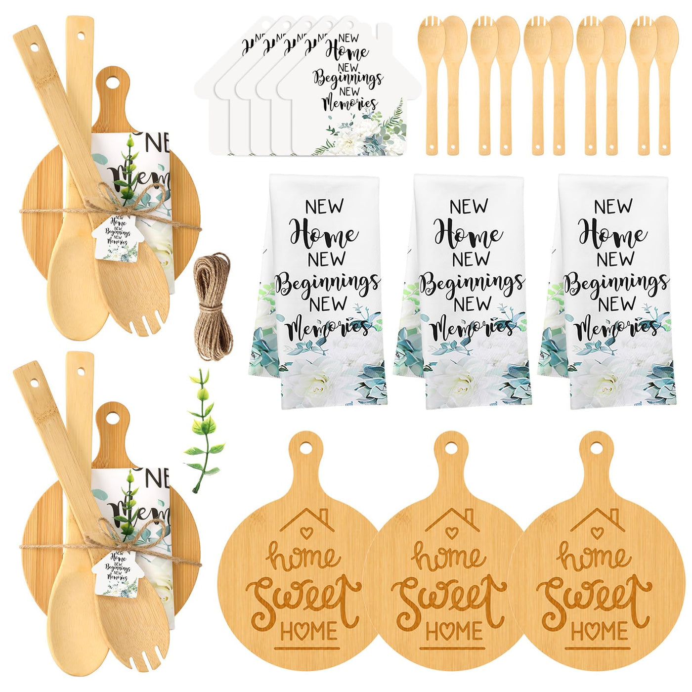 Geelin 31 Pcs Housewarming Gifts Bulk Engraved Cutting Board New Home Beginning Kitchen Towels Cards Bamboo Spoons House Warming Gift Set for Homeowner Neighbor Couple Apartment Kitchen (Rectangle)