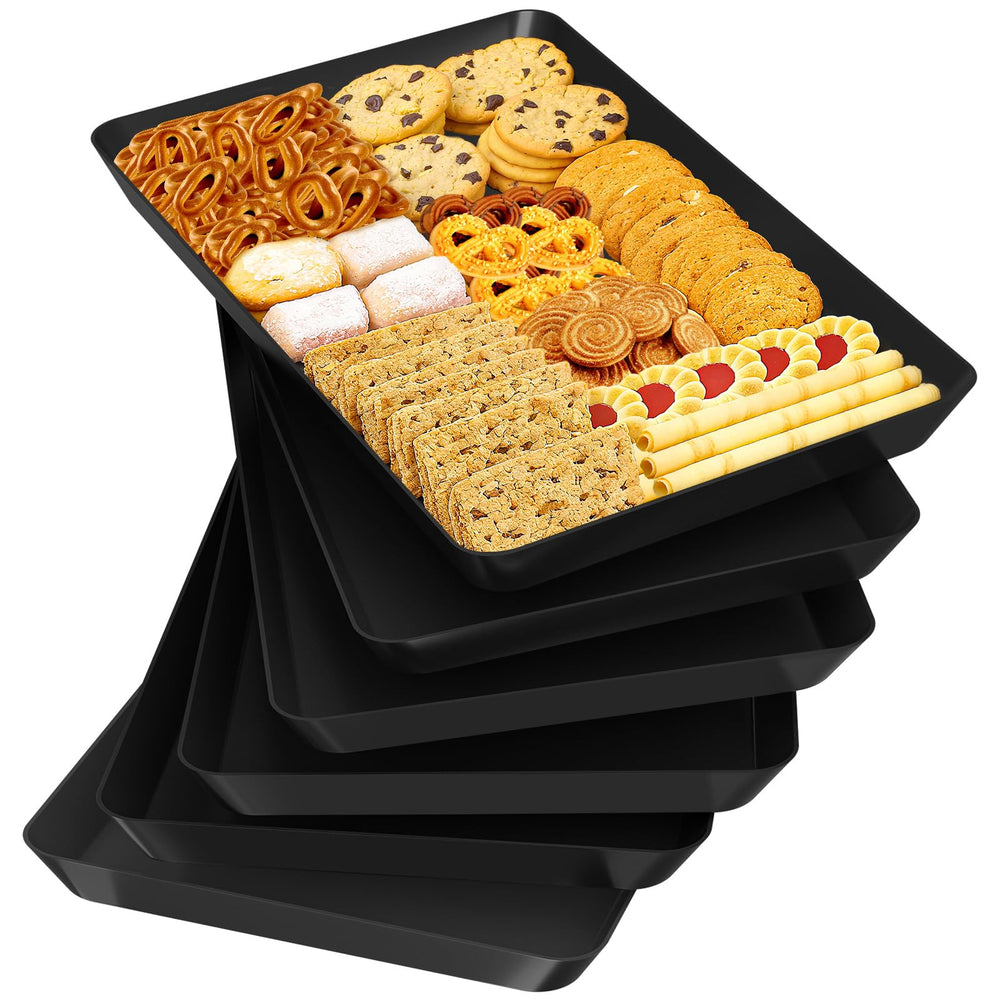 SpaceTrove 4-Pack Serving Tray Set, Reusable Plastic Serving Platter for Party Supplies, Entertaining, Grilling Accessories, Stackable Kitchen Snack Box Container for Dessert, Fruit, Cookie, (Black)