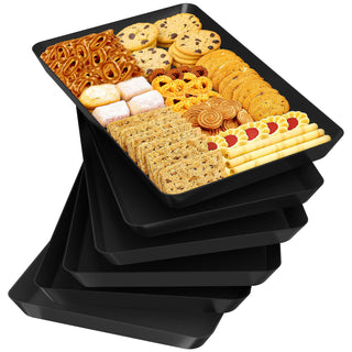 SpaceTrove 4-Pack Serving Tray Set, Reusable Plastic Serving Platter for Party Supplies, Entertaining, Grilling Accessories, Stackable Kitchen Snack Box Container for Dessert, Fruit, Cookie, (Black)