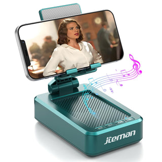 JTEMAN Cell Phone Stand with Bluetooth Speaker, HD Stereo Sound & Anti-Slip Base, Foldable Adjustable Desktop Phone Holder for Home Office, Cool Tech Gadgets Birthday Gifts for Men Women (Black)
