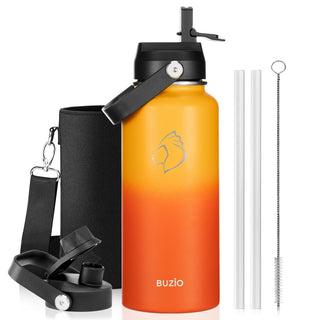 BUZIO 40oz Insulated Water Bottle, Triple Wall Vacuum Stainless Steel Water Flask with 2 lids, Lead-Free BPA-Free Straw Lid Sports Canteen Jug, Cold 48H & Hot 24H- Black