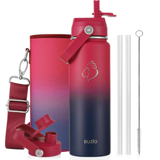 BUZIO 40oz Insulated Water Bottle, Triple Wall Vacuum Stainless Steel Water Flask with 2 lids, Lead-Free BPA-Free Straw Lid Sports Canteen Jug, Cold 48H & Hot 24H- Black