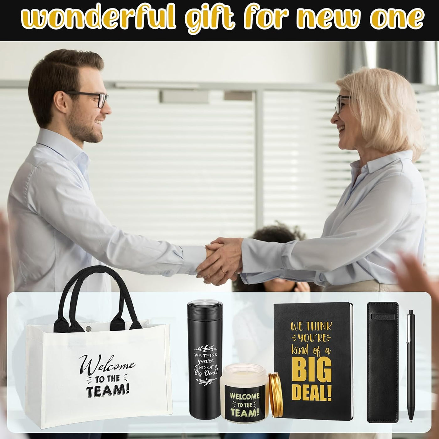 Thenshop 6 Pcs Welcome to the Team Gift Set, New Employee Welcome Gifts Including Tote Bag, Notebook, Pen, Scented Candle, Tumbler, and Pen Cover for Men Women New Employees, Coworkers(Black)