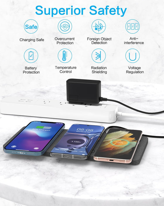 ZealSound Wireless Charging Pad, 3 in 1 Charger Mat for iPhone, Samsung Galaxy, Pixel, AirPods & Galaxy Buds, 24W Adapter Included, Ultra Slim, Case Friendly, PU Leather, Home Office & Travel, Gray - hover image