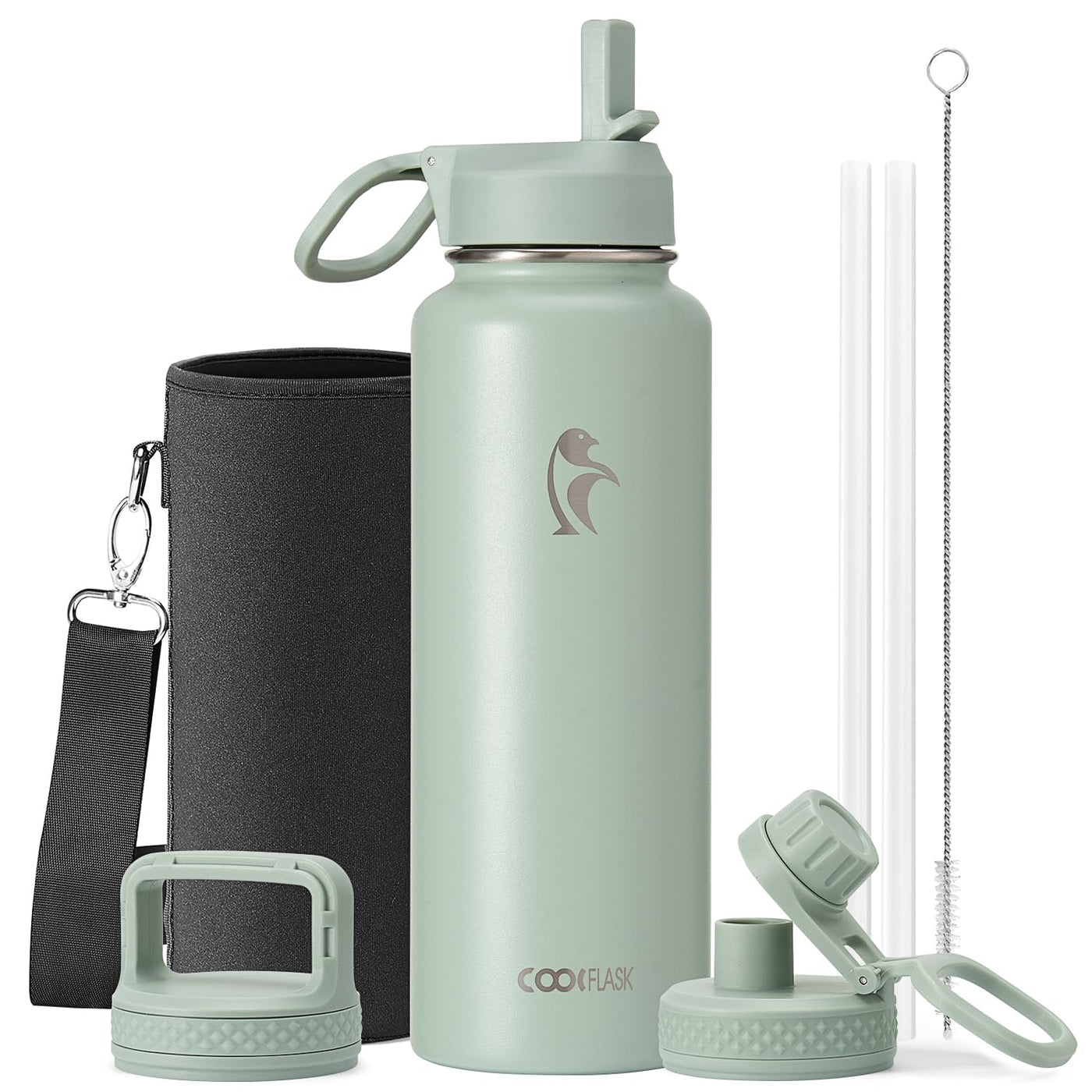 Water Bottle 40 oz Insulated with Straw&Brush, Coolflask Vaccum Stainless Steel Metal 3 Lids Water Flask for Sports, Gym or Office, Keep Cold 48H Hot 24H, Magic Black