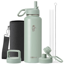 Water Bottle 40 oz Insulated with Straw&Brush, Coolflask Vaccum Stainless Steel Metal 3 Lids Water Flask for Sports, Gym or Office, Keep Cold 48H Hot 24H, Magic Black