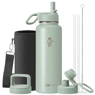 Water Bottle 40 oz Insulated with Straw&Brush, Coolflask Vaccum Stainless Steel Metal 3 Lids Water Flask for Sports, Gym or Office, Keep Cold 48H Hot 24H, Magic Black