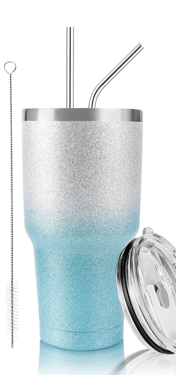 D·S 30oz Blue Tumbler Stainless Steel Double Wall Vacuum Insulated Mug with Straw and Lid, Cleaning Brush for Cold and Hot Beverages