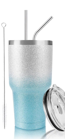 D·S 30oz Blue Tumbler Stainless Steel Double Wall Vacuum Insulated Mug with Straw and Lid, Cleaning Brush for Cold and Hot Beverages