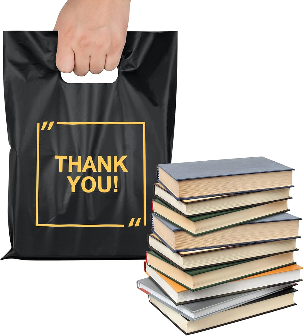 50 Pack Die Cut Plastic Shopping Bags with Thank You Logo 9x12 Merchandise Bags Extra Thick Glossy and Shopping Bags for Retail,Boutique Bags with Handles for Merchandise, Gifts, Trade Shows