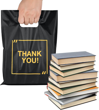 50 Pack Die Cut Plastic Shopping Bags with Thank You Logo 9x12 Merchandise Bags Extra Thick Glossy and Shopping Bags for Retail,Boutique Bags with Handles for Merchandise, Gifts, Trade Shows