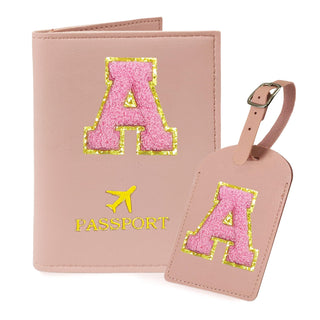 COSHAYSOO Purple Passport Cover Holder and Initial Luggage Tag Set TSA Approved with Personalized Monogram Chenille Letter Patch for Women Teen Girls, Cute Travel Bag Suitcase Identifier (A)