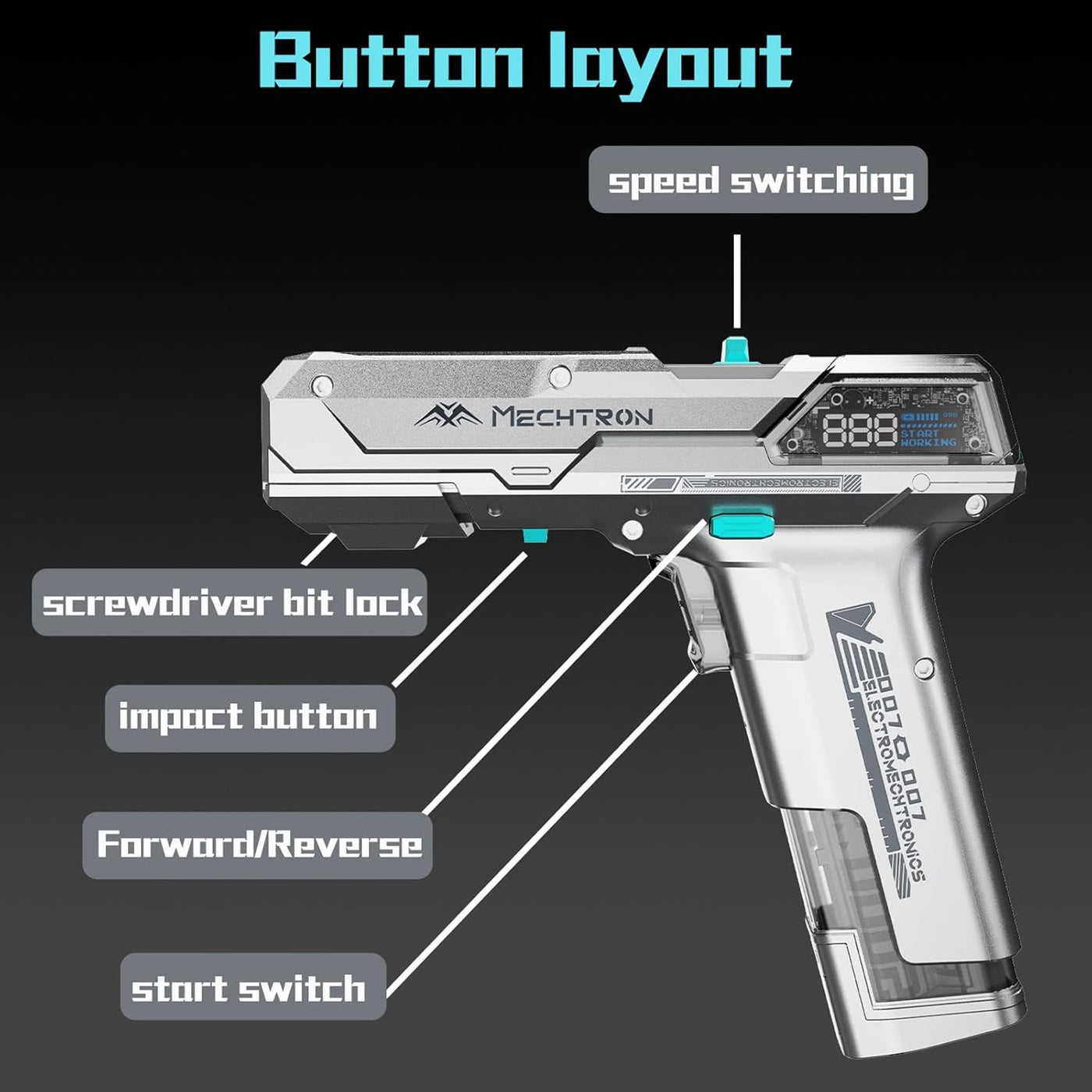 Cyberpunk Gun-Shaped AI Smart 8V Dual-Speed Hammer Drill, Cool Gadget Gifts for Men, Boyfriend, Husband, Dad, Boss, Gamers, Tech Lovers (Silver, 8-Piece Accessory Kit)
