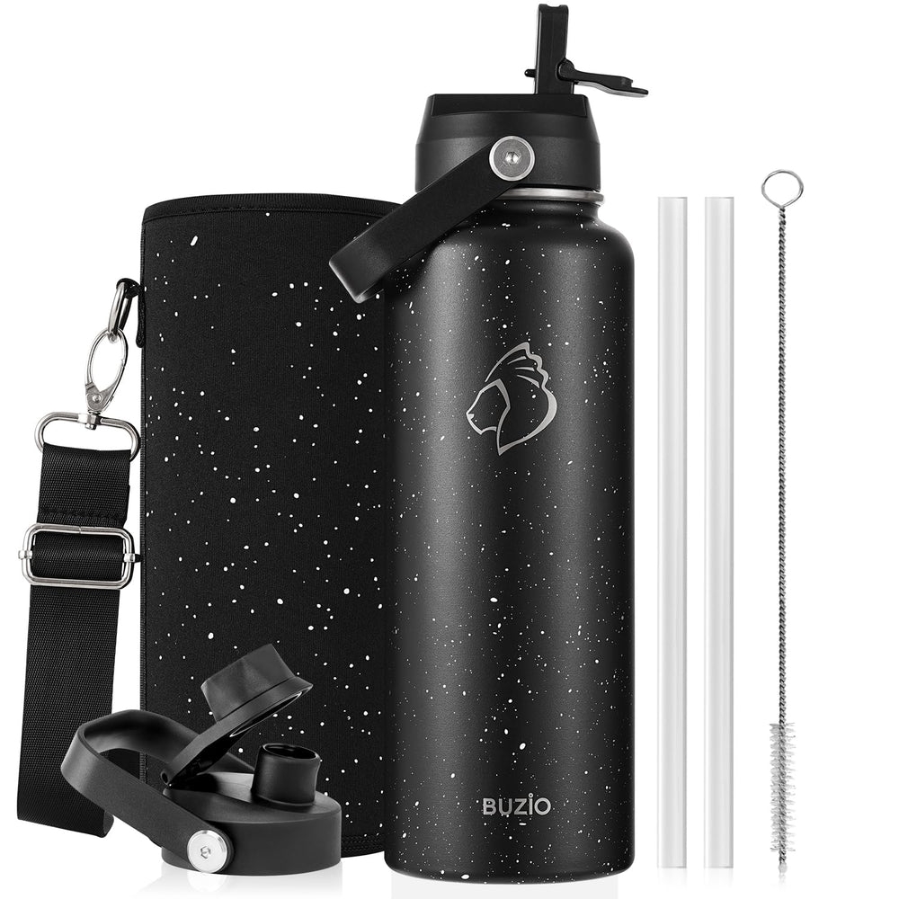 BUZIO 40oz Insulated Water Bottle, Triple Wall Vacuum Stainless Steel Water Flask with 2 lids, Lead-Free BPA-Free Straw Lid Sports Canteen Jug, Cold 48H & Hot 24H- Black