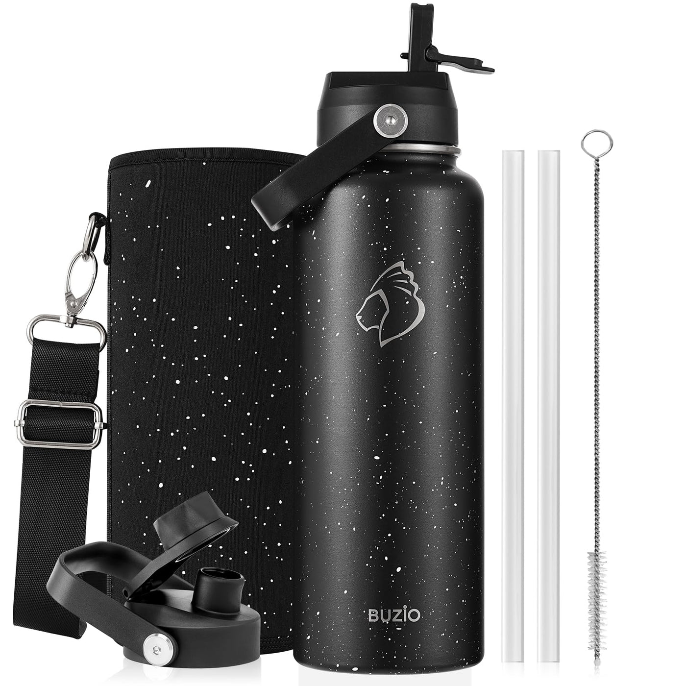 BUZIO 40oz Insulated Water Bottle, Triple Wall Vacuum Stainless Steel Water Flask with 2 lids, Lead-Free BPA-Free Straw Lid Sports Canteen Jug, Cold 48H & Hot 24H- Black
