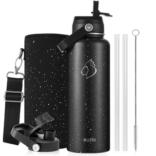 BUZIO 40oz Insulated Water Bottle, Triple Wall Vacuum Stainless Steel Water Flask with 2 lids, Lead-Free BPA-Free Straw Lid Sports Canteen Jug, Cold 48H & Hot 24H- Black