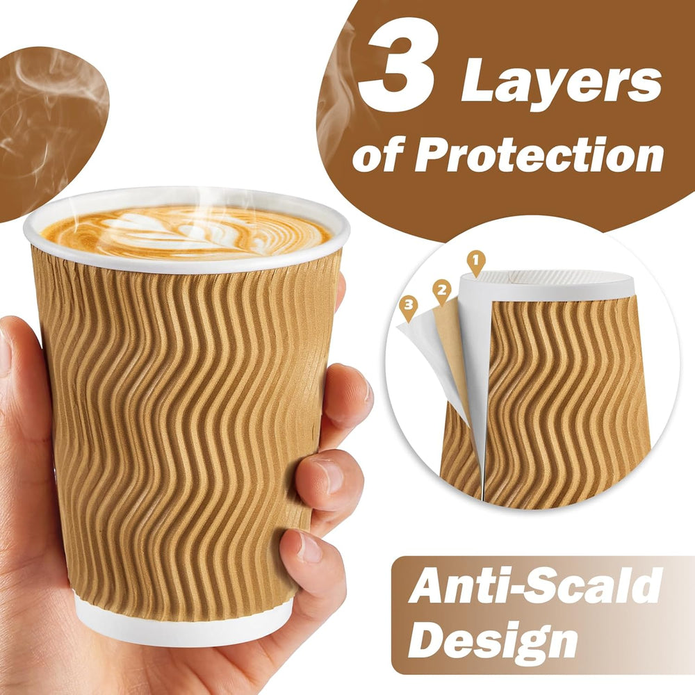 SIUQ 12 oz Coffee Cups - 150 Pack, Insulated Disposable Paper Cups 12 oz, Corrugated Ripple Wall Cups for Hot Beverage or Cold Drinks (Champagne)