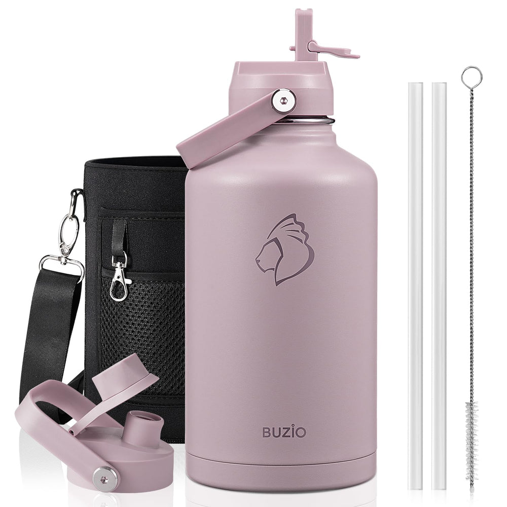 BUZIO 40oz Insulated Water Bottle, Triple Wall Vacuum Stainless Steel Water Flask with 2 lids, Lead-Free BPA-Free Straw Lid Sports Canteen Jug, Cold 48H & Hot 24H- Black