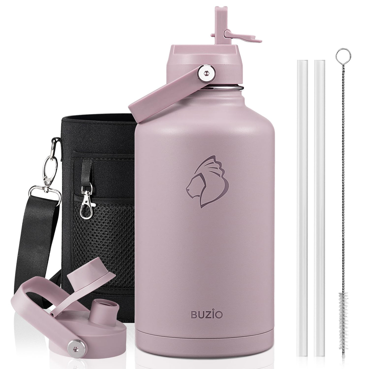 BUZIO 40oz Insulated Water Bottle, Triple Wall Vacuum Stainless Steel Water Flask with 2 lids, Lead-Free BPA-Free Straw Lid Sports Canteen Jug, Cold 48H & Hot 24H- Black