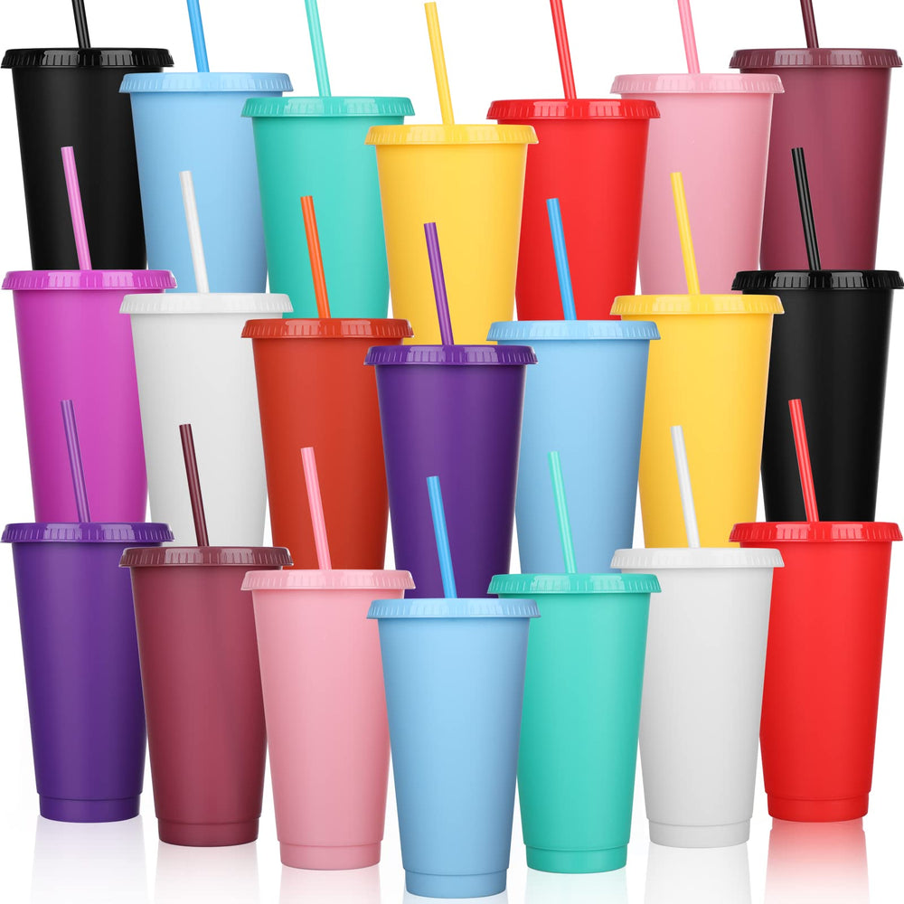 Honeydak 15 Pack Tumbler with Straw and Lid Bulk Cups for Gifts Water Bottle Iced Coffee Travel Mug Cup Reusable Plastic Tumblers for Party Birthdays 24-27 oz (Solid Color)
