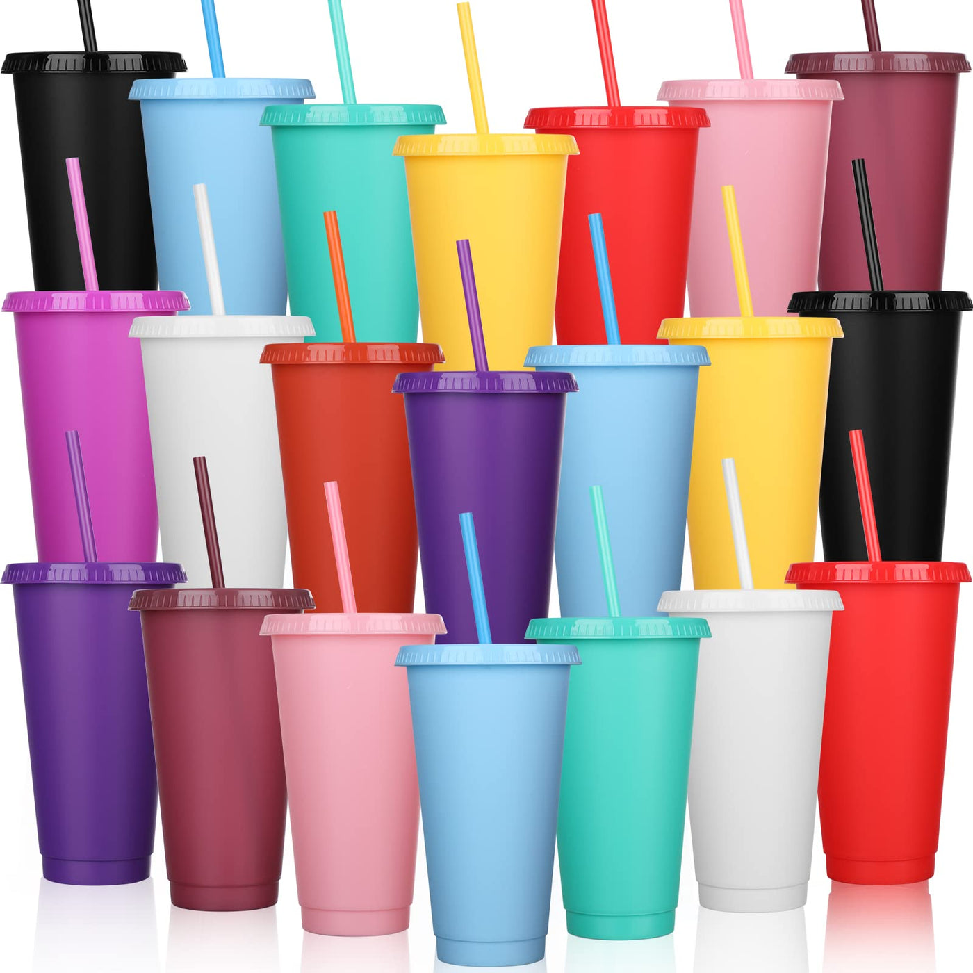 Honeydak 15 Pack Tumbler with Straw and Lid Bulk Cups for Gifts Water Bottle Iced Coffee Travel Mug Cup Reusable Plastic Tumblers for Party Birthdays 24-27 oz (Solid Color)