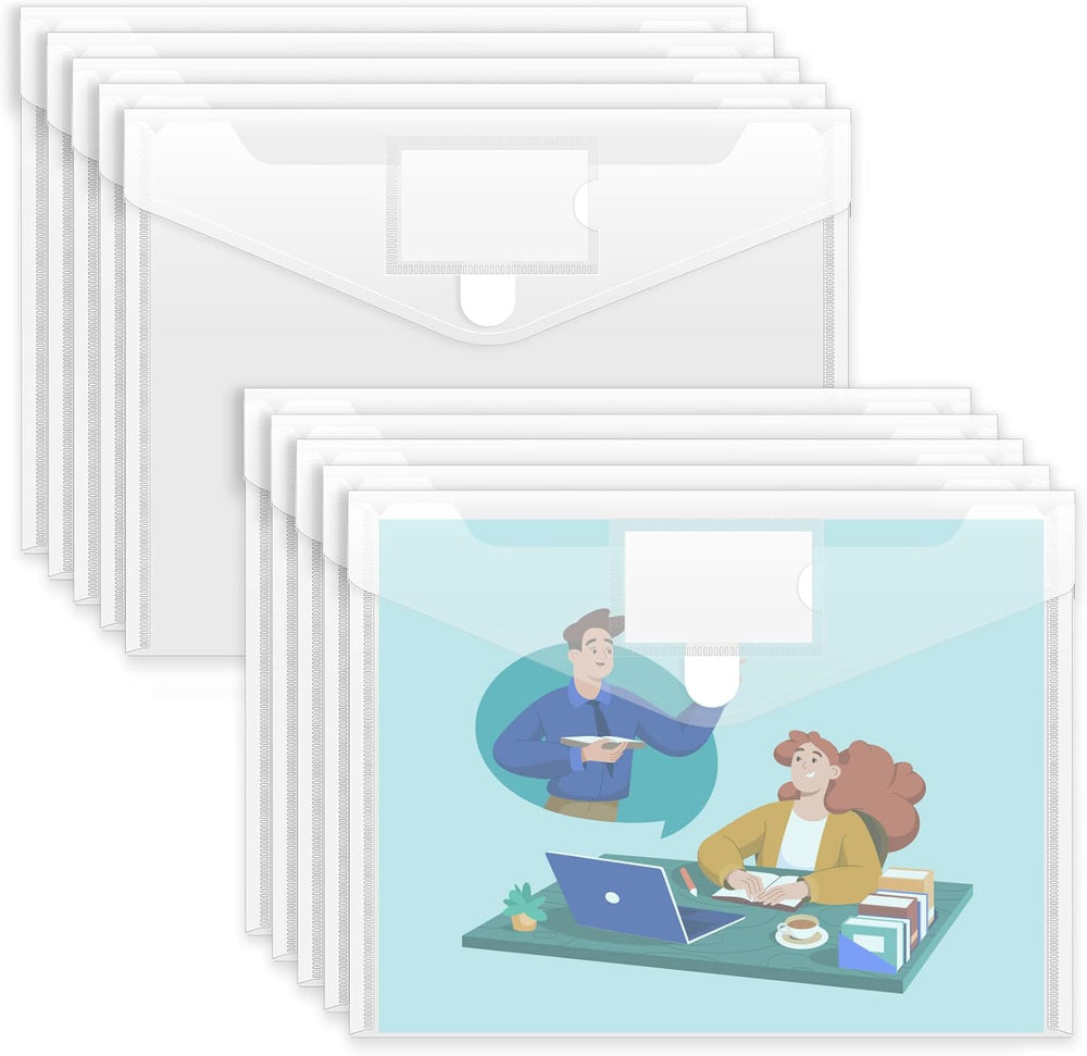 Sooez 10 Pack Plastic Envelopes File Folders, Clear Folder for Document US Letter A4 Size Poly Envelopes with Label Pockets for School Home Work Office Organizer, Clear