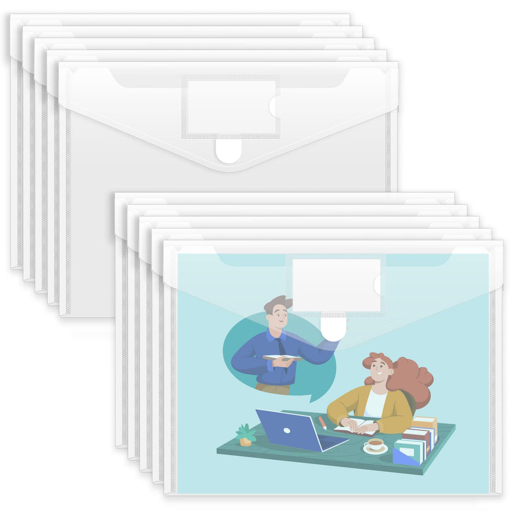 Sooez 10 Pack Plastic Envelopes File Folders, Clear Folder for Document US Letter A4 Size Poly Envelopes with Label Pockets for School Home Work Office Organizer, Clear