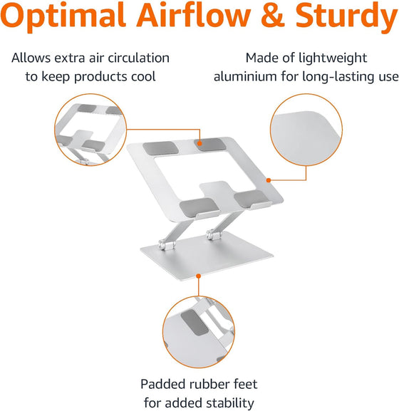 Amazon Basics Sturdy and Portable Ergonomic Laptop Stand for Desk, Height Adjustable Riser with Ventilated Cooling, Foldable, Fits all Laptops up to 15.6 Inch, Silver - hover image