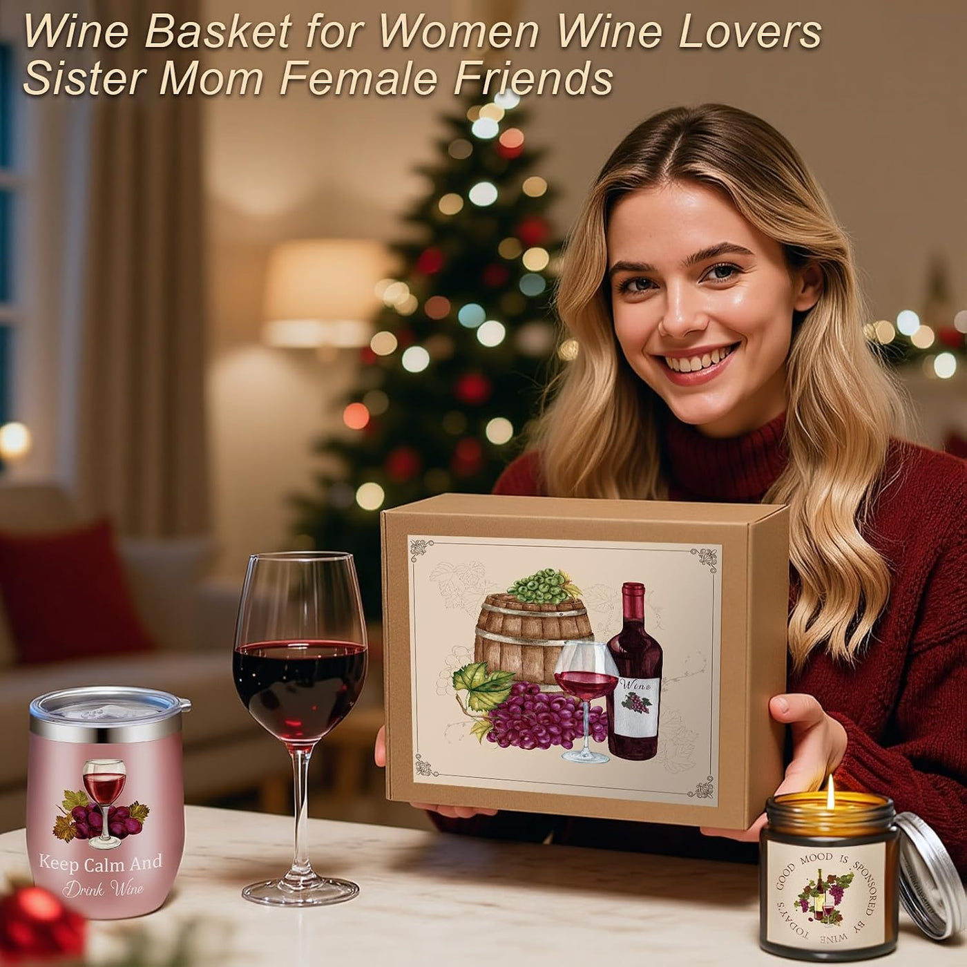 Sieral 7 Pack Wine Gifts Baskets for Women Include Stainless Steel Tumbler Scented Candle Kitchen Towel Crew Sock Makeup Bag Raffia Box Birthday Gift for Wine Lover Friend Sister Wife Mother Coworker