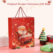 Rusikia 12 Christmas Gift Bags with 12 Tissues and 1 Satin Ribbon - Large | Party Favor Bags, Bulk with Handles,Glittery Cute Tree Father Christmas Paper Bag, for Wrapping Holiday, Red, 16"x12"x5"