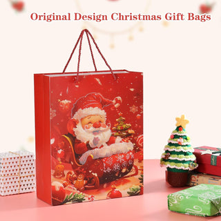 Rusikia 12 Christmas Gift Bags with 12 Tissues and 1 Satin Ribbon - Large | Party Favor Bags, Bulk with Handles,Glittery Cute Tree Father Christmas Paper Bag, for Wrapping Holiday, Red, 16"x12"x5"