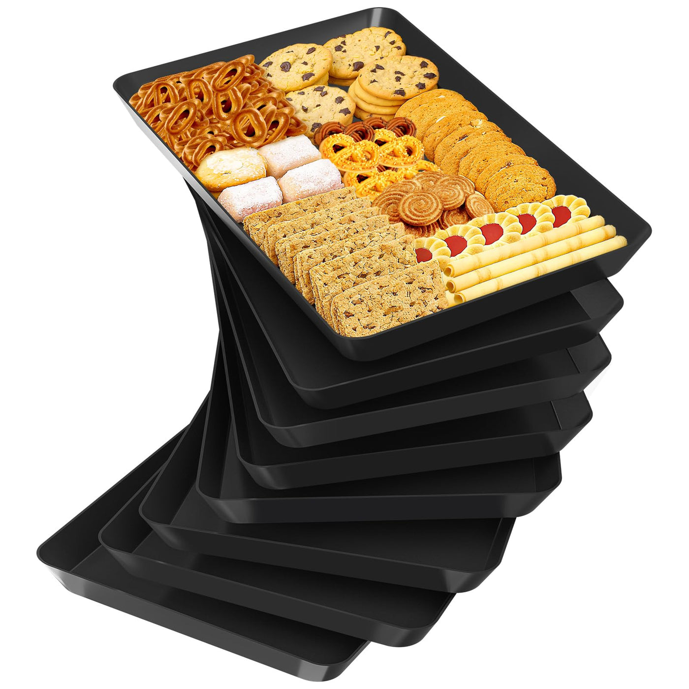 SpaceTrove 4-Pack Serving Tray Set, Reusable Plastic Serving Platter for Party Supplies, Entertaining, Grilling Accessories, Stackable Kitchen Snack Box Container for Dessert, Fruit, Cookie, (Black)