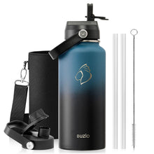 BUZIO 40oz Insulated Water Bottle, Triple Wall Vacuum Stainless Steel Water Flask with 2 lids, Lead-Free BPA-Free Straw Lid Sports Canteen Jug, Cold 48H & Hot 24H- Black