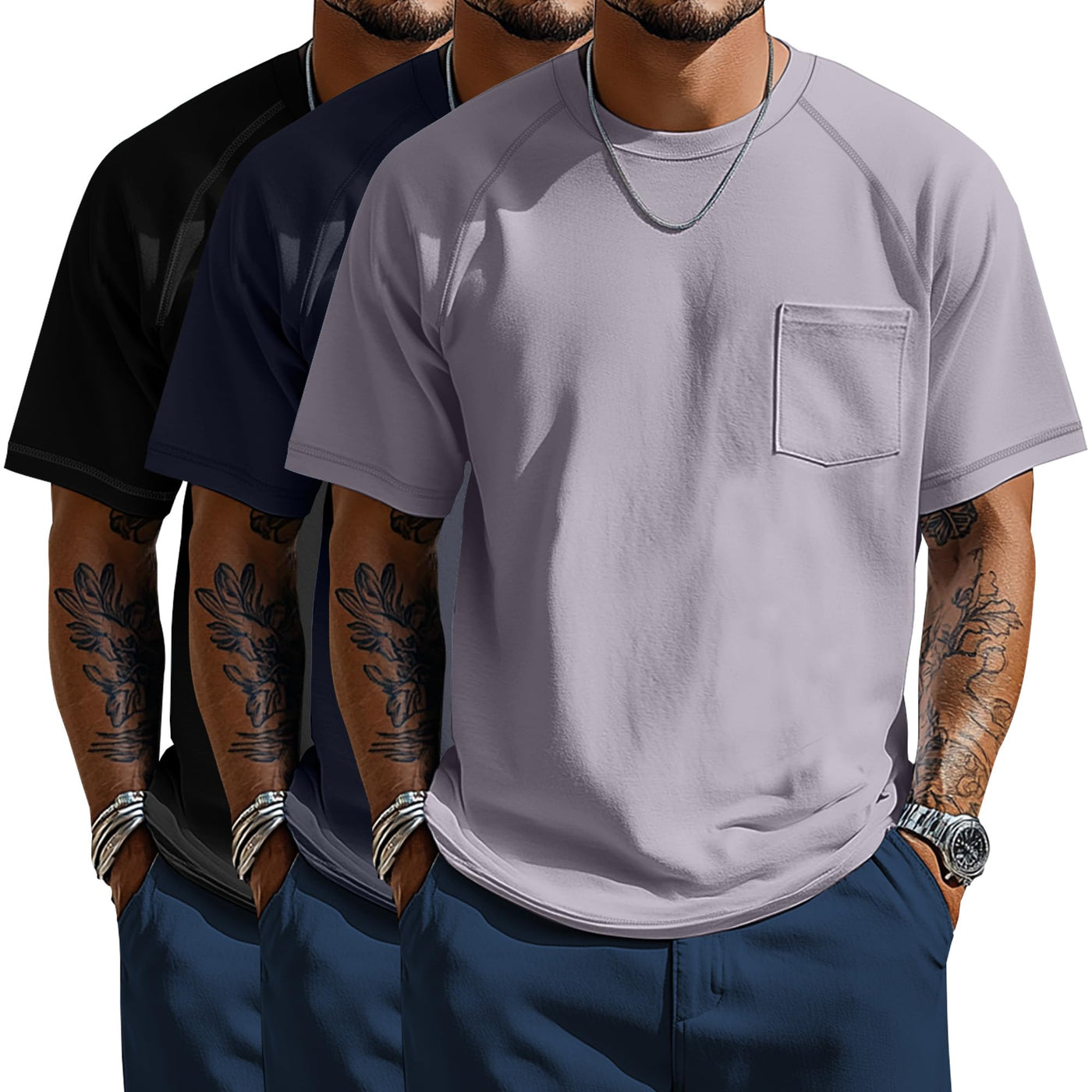 Neer 3 Pack Big and Tall Shirts for Men with Pocket XL-5XL Plus Size Crew Neck Raglan Short Sleeve Summer Casual T Shirts Tee
