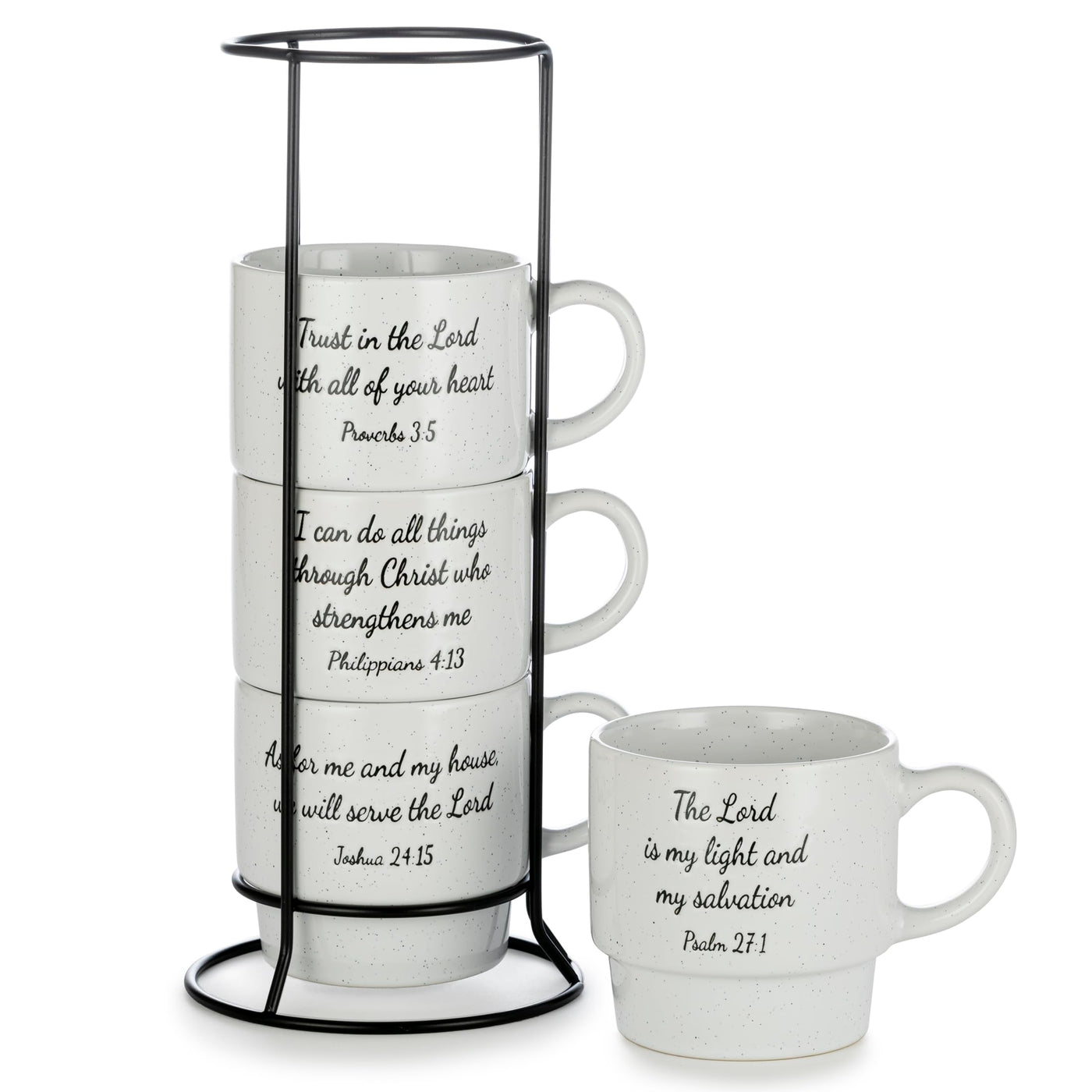 Signature Housewares Stackable Coffee Mug Tower Set with Metal Wire Rack - 15 Ounce Coffee Mugs for Coffee, Tea, Cocoa, Milk, Cappuccino, Hot Chocolate Set of 4 - Be Happy Matte Black