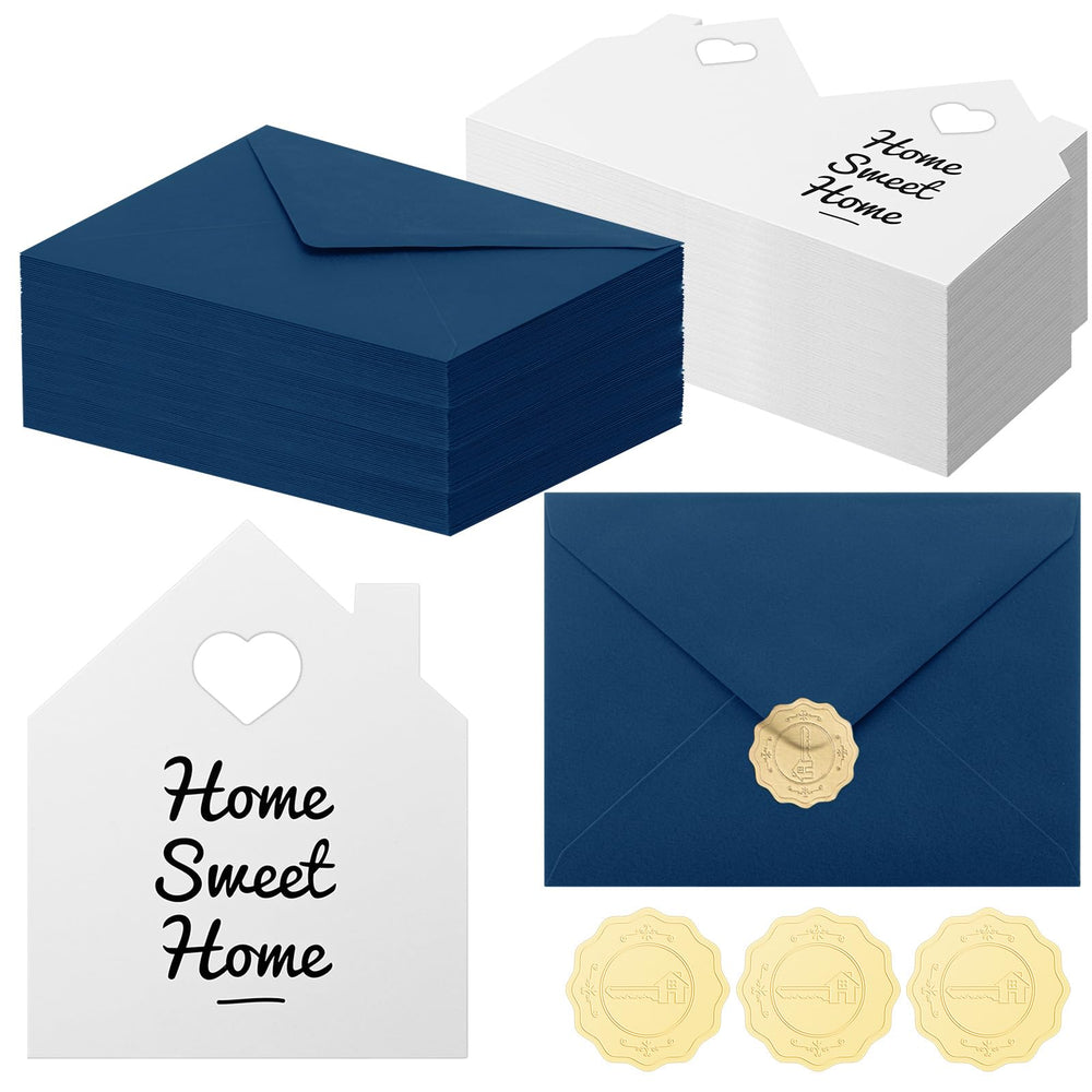Motiskyy 24 Sets Welcome Home Cards Congratulations on Your New Home Cards Bulk with Envelope Stickers Housewarming Thank You Gift Card 5 x 8.6 Inch Real Estate House Shaped Card Note(Blue)