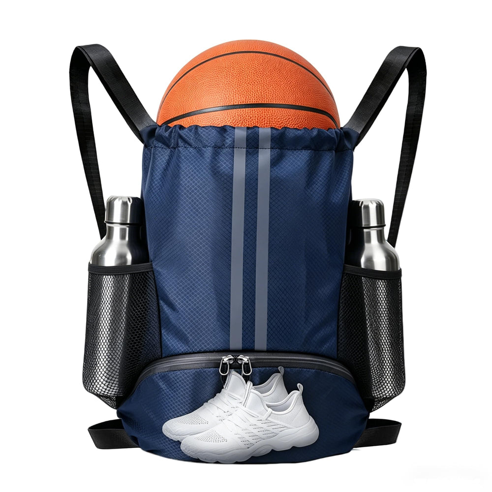 Sports Drawstring Backpack with Shoes Compartment, String Gym Bag with Wet Proof Pocket for Basketball, Soccer, Swim, Black Sport Bag for Men and Women