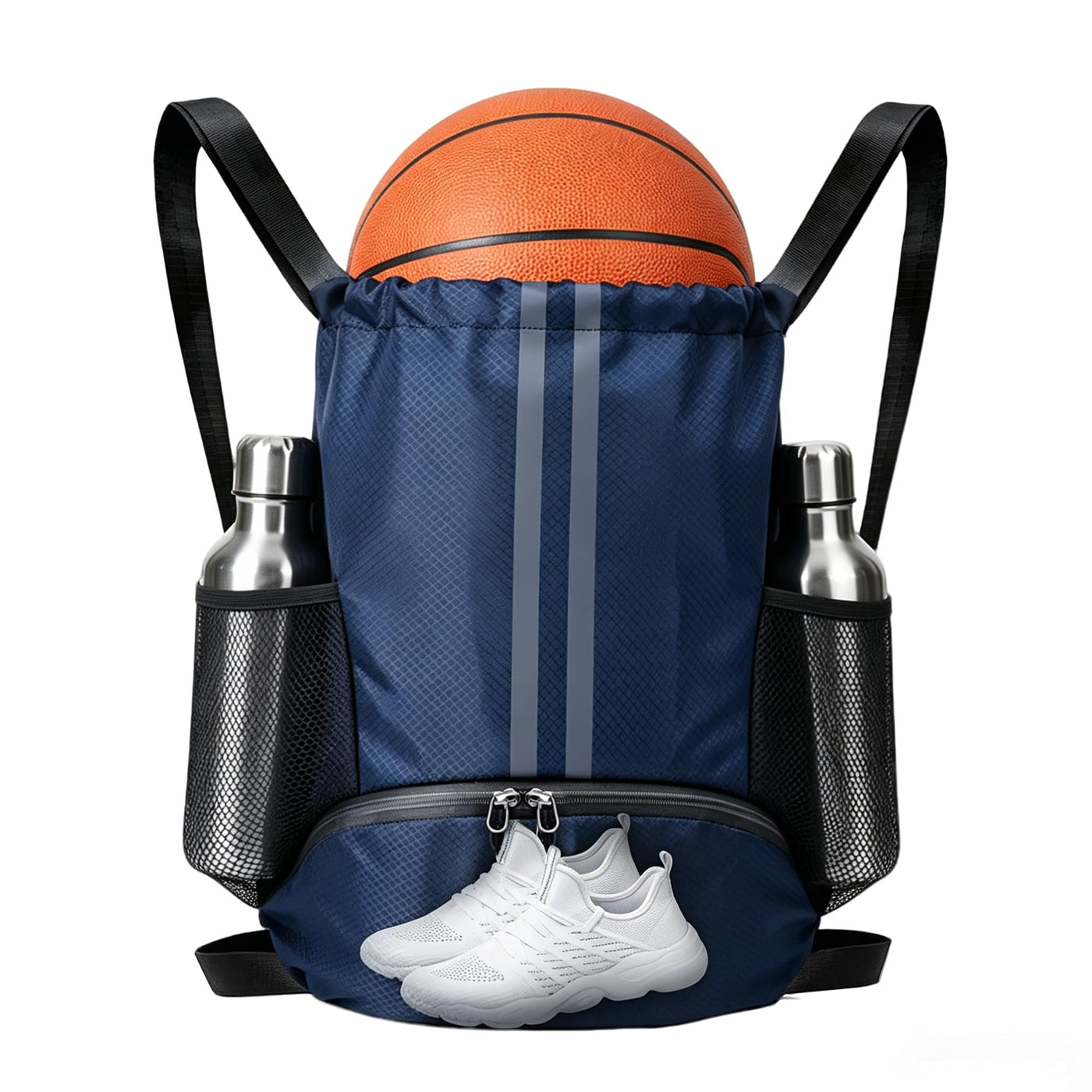 Sports Drawstring Backpack with Shoes Compartment, String Gym Bag with Wet Proof Pocket for Basketball, Soccer, Swim, Black Sport Bag for Men and Women