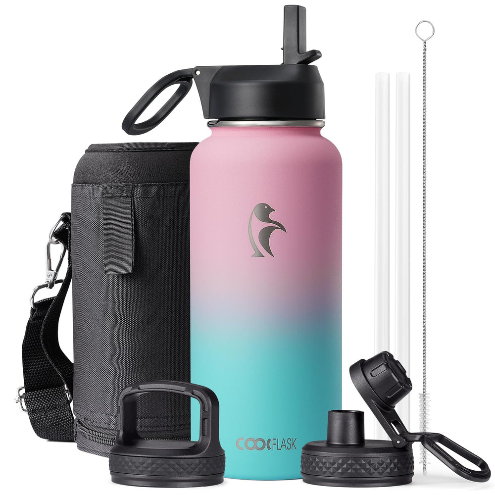 Water Bottle 40 oz Insulated with Straw&Brush, Coolflask Vaccum Stainless Steel Metal 3 Lids Water Flask for Sports, Gym or Office, Keep Cold 48H Hot 24H, Magic Black