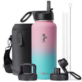 Water Bottle 40 oz Insulated with Straw&Brush, Coolflask Vaccum Stainless Steel Metal 3 Lids Water Flask for Sports, Gym or Office, Keep Cold 48H Hot 24H, Magic Black