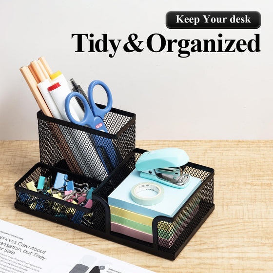 M&G Mesh Pen Holder Desk Organizers Pencil Holder for Desk Black, 3 Compartments Metal Office Supply Organizer with Sticky Notes Holder for School Home Office - hover image