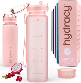 Hydracy Water Bottle with Time Marker -Large BPA Free Water Bottle & No Sweat Sleeve -Leak Proof Gym Bottle with Times to Drink - Ideal for Fitness Sports & Outdoors