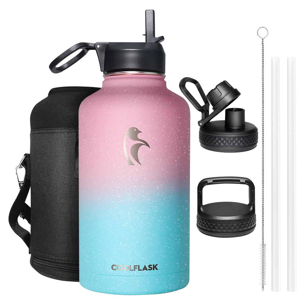 Water Bottle 40 oz Insulated with Straw&Brush, Coolflask Vaccum Stainless Steel Metal 3 Lids Water Flask for Sports, Gym or Office, Keep Cold 48H Hot 24H, Magic Black