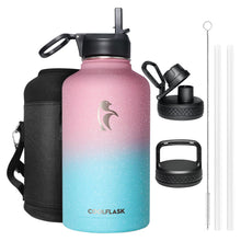 Water Bottle 40 oz Insulated with Straw&Brush, Coolflask Vaccum Stainless Steel Metal 3 Lids Water Flask for Sports, Gym or Office, Keep Cold 48H Hot 24H, Magic Black