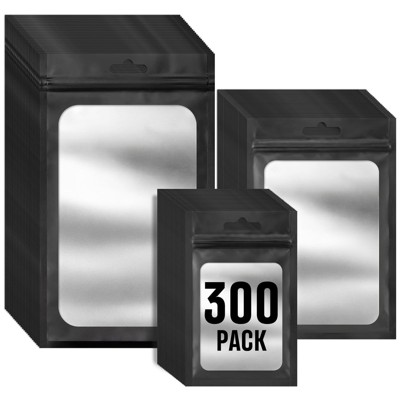 Funfery 300 Pack 3 Size Mylar Holographic Bags with Clear Window,Resealable Bag Smell Proof Bags Zipper Foil Baggie Packaging Pouch for Food Storage,Sample,Small Business(Black,3x4.7,4x6,4.7x7.9in)