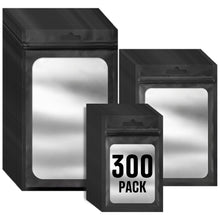 Funfery 300 Pack 3 Size Mylar Holographic Bags with Clear Window,Resealable Bag Smell Proof Bags Zipper Foil Baggie Packaging Pouch for Food Storage,Sample,Small Business(Black,3x4.7,4x6,4.7x7.9in)