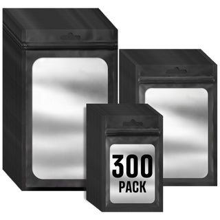 Funfery 300 Pack 3 Size Mylar Holographic Bags with Clear Window,Resealable Bag Smell Proof Bags Zipper Foil Baggie Packaging Pouch for Food Storage,Sample,Small Business(Black,3x4.7,4x6,4.7x7.9in)