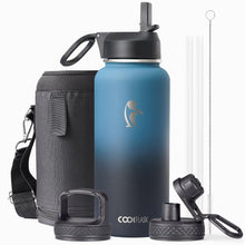Water Bottle 40 oz Insulated with Straw&Brush, Coolflask Vaccum Stainless Steel Metal 3 Lids Water Flask for Sports, Gym or Office, Keep Cold 48H Hot 24H, Magic Black